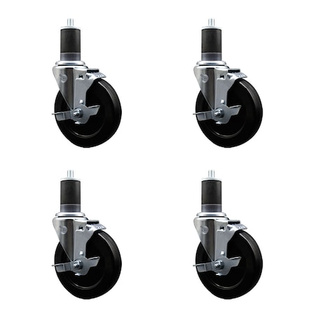 Service Caster 5'' SS Hard Rubber Swivel 1-5/8'' Expanding Stem Caster Set with Brake, 4PK SCC-SSEX20S514-HRS-TLB-158-4